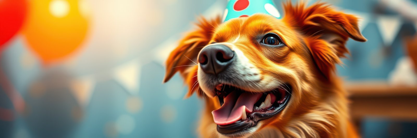 A reddish-brown dog, possibly a golden retriever mix, smiles broadly while wearing a small, colorful party hat